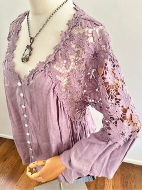 Dusty Mauve Floral Crochet Lace Boho Blouse Romantic Cottagecore Top M